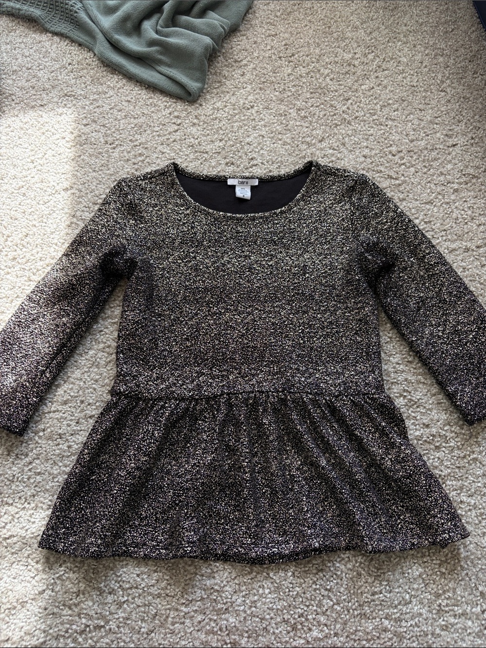 Bar III Black and Gold Glitter Peplum Long Sleeve Top